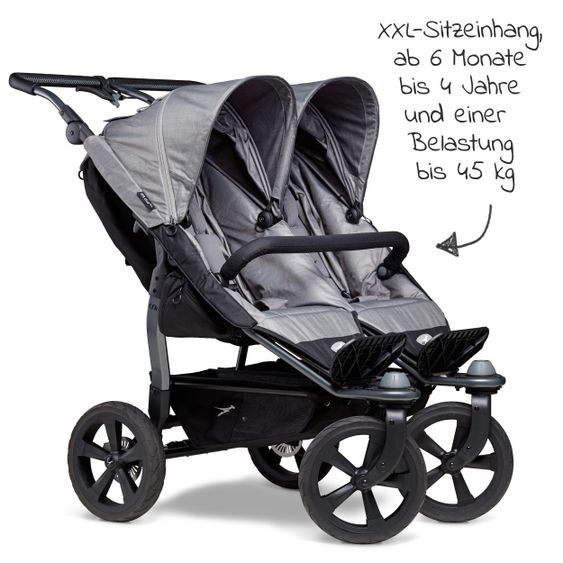 TFK Geschwister- & Zwillingsportwagen Duo mit Luftkammerreifen - 2x Sportsitze  bis 45 kg + XXL  Zubehörpaket - Grau