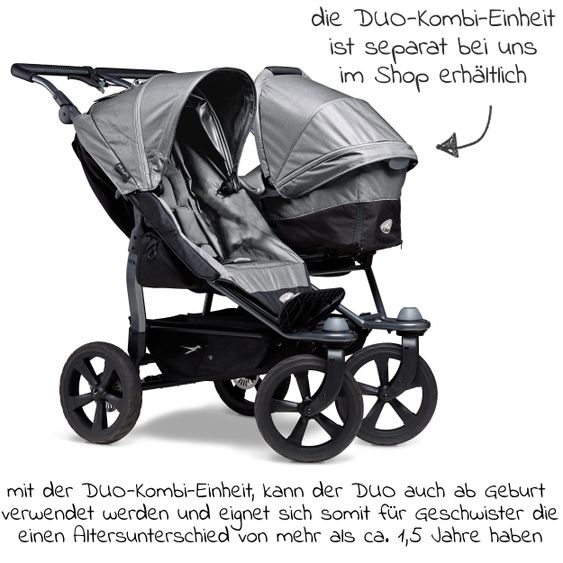 TFK Geschwister- & Zwillingsportwagen Duo mit Luftkammerreifen - 2x Sportsitze  bis 45 kg + XXL  Zubehörpaket - Grau