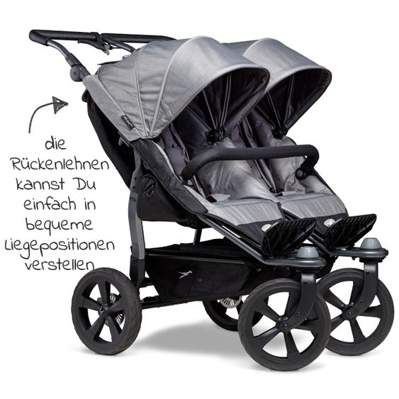 TFK Geschwister- & Zwillingsportwagen Duo mit Luftkammerreifen - 2x Sportsitze  bis 45 kg + XXL  Zubehörpaket - Grau