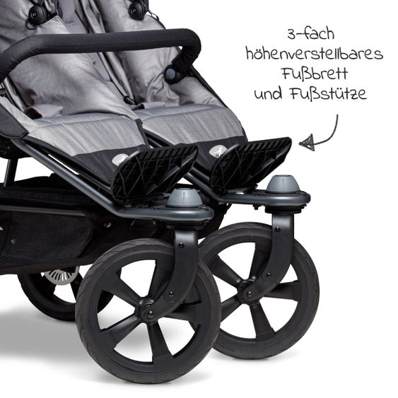 TFK Geschwister- & Zwillingsportwagen Duo mit Luftkammerreifen - 2x Sportsitze  bis 45 kg + XXL  Zubehörpaket - Grau