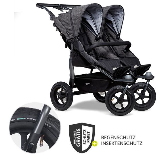 TFK Geschwister- & Zwillingsportwagen Duo mit Luftreifen - 2x Sportsitze bis 45 kg + XXL Zamboo Zubehör - Anthrazit