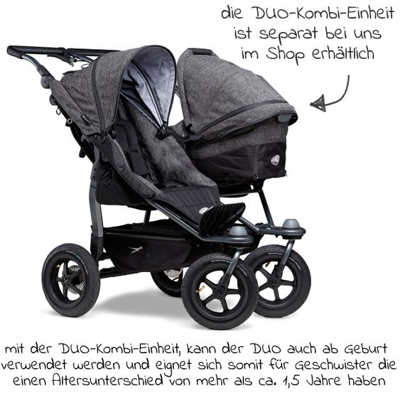 TFK Geschwister- & Zwillingsportwagen Duo mit Luftreifen - 2x Sportsitze bis 45 kg + XXL Zamboo Zubehör - Anthrazit