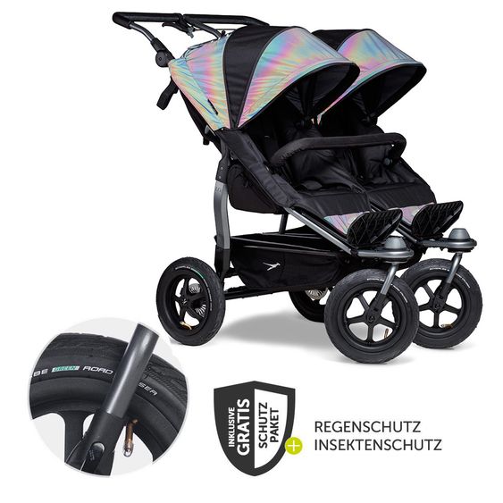 TFK Geschwister- & Zwillingsportwagen Duo mit Luftreifen - 2x Sportsitze bis 45 kg + XXL Zamboo Zubehör - Glow in the Dark
