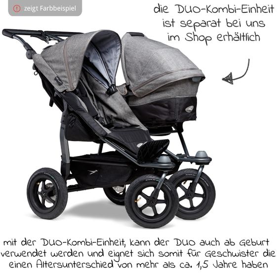 TFK Geschwister- & Zwillingsportwagen Duo mit Luftreifen - 2x Sportsitze bis 45 kg + XXL Zamboo Zubehör - Glow in the Dark