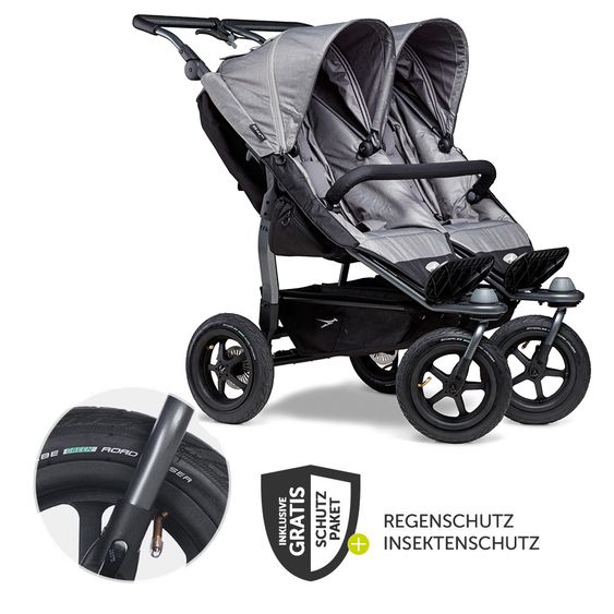 TFK Geschwister- & Zwillingsportwagen Duo mit Luftreifen - 2x Sportsitze bis 45 kg + XXL Zamboo Zubehör - Grau