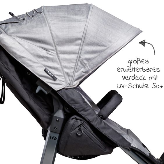 TFK Geschwister- & Zwillingsportwagen Duo mit Luftreifen - 2x Sportsitze bis 45 kg + XXL Zamboo Zubehör - Grau