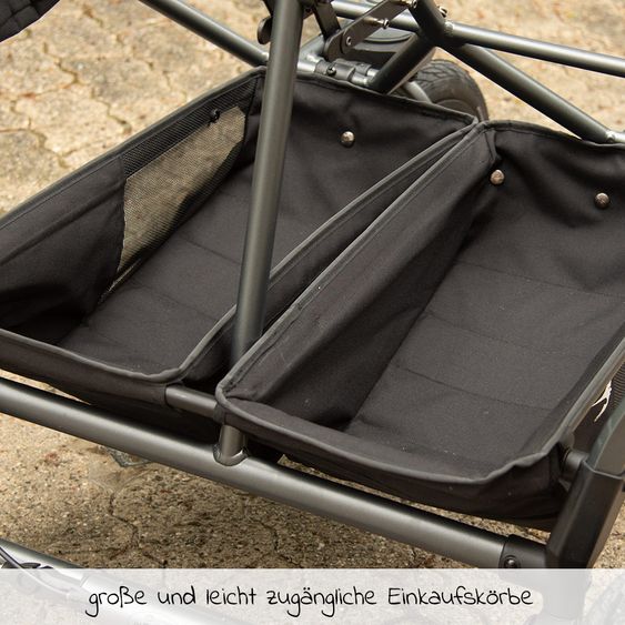 TFK Geschwister- & Zwillingsportwagen Duo mit Luftreifen - 2x Sportsitze bis 45 kg + XXL Zamboo Zubehör - Grau