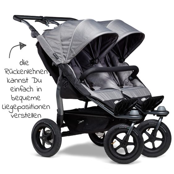 TFK Geschwister- & Zwillingsportwagen Duo mit Luftreifen - 2x Sportsitze bis 45 kg + XXL Zamboo Zubehör - Grau