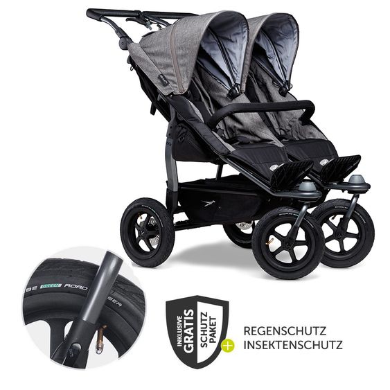 TFK Sibling & twin stroller Duo with pneumatic tires - 2x sport seats up to 45 kg + XXL Zamboo accessories - Grey