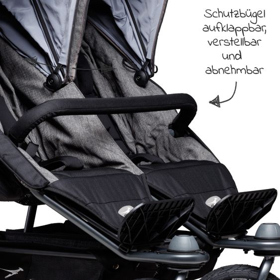 TFK Sibling & twin stroller Duo with pneumatic tires - 2x sport seats up to 45 kg + XXL Zamboo accessories - Grey