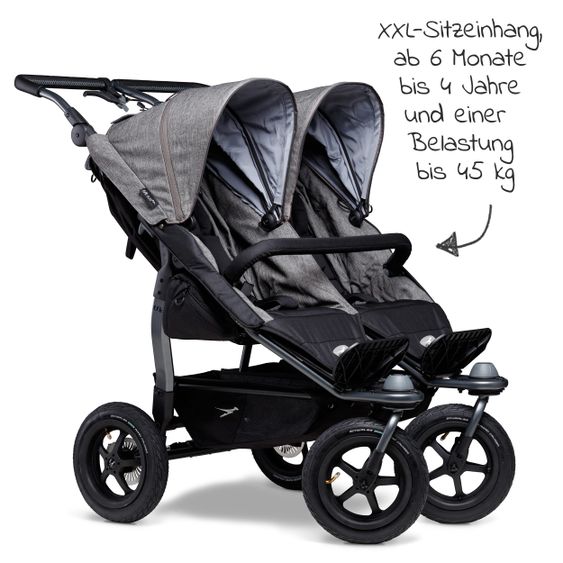 TFK Sibling & twin stroller Duo with pneumatic tires - 2x sport seats up to 45 kg + XXL Zamboo accessories - Grey