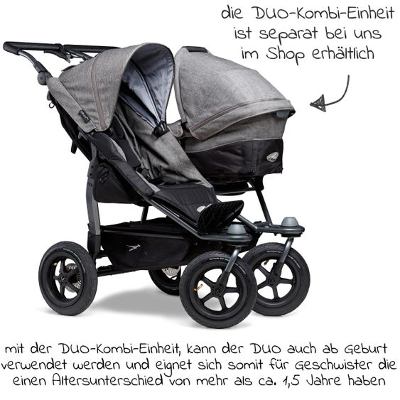 TFK Sibling & twin stroller Duo with pneumatic tires - 2x sport seats up to 45 kg + XXL Zamboo accessories - Grey