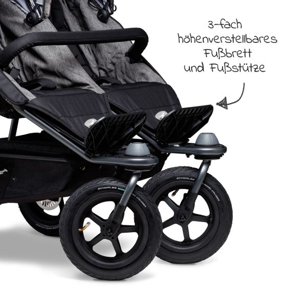 TFK Sibling & twin stroller Duo with pneumatic tires - 2x sport seats up to 45 kg + XXL Zamboo accessories - Grey