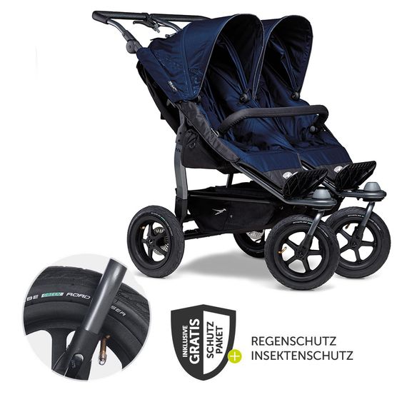 TFK Geschwister- & Zwillingsportwagen Duo mit Luftreifen - 2x Sportsitze bis 45 kg + XXL Zamboo Zubehör - Marine