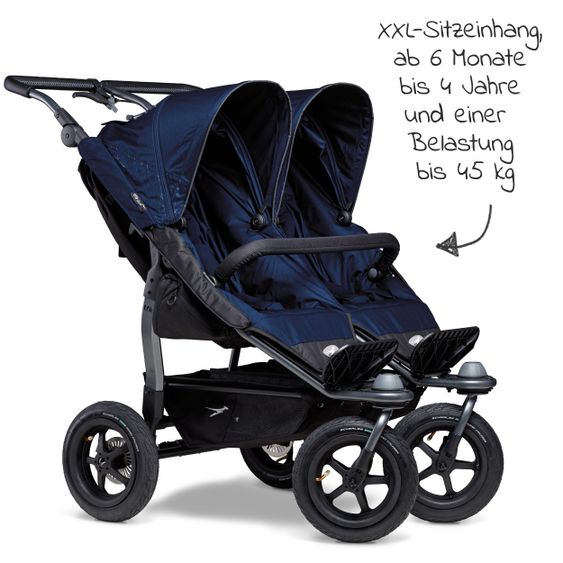 TFK Geschwister- & Zwillingsportwagen Duo mit Luftreifen - 2x Sportsitze bis 45 kg + XXL Zamboo Zubehör - Marine