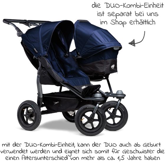 TFK Geschwister- & Zwillingsportwagen Duo mit Luftreifen - 2x Sportsitze bis 45 kg + XXL Zamboo Zubehör - Marine