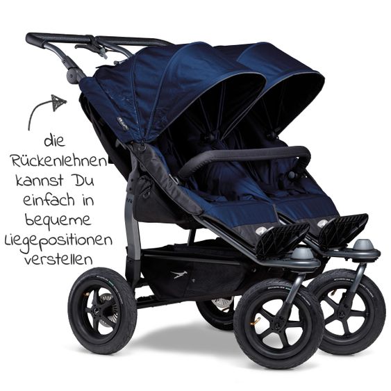 TFK Geschwister- & Zwillingsportwagen Duo mit Luftreifen - 2x Sportsitze bis 45 kg + XXL Zamboo Zubehör - Marine