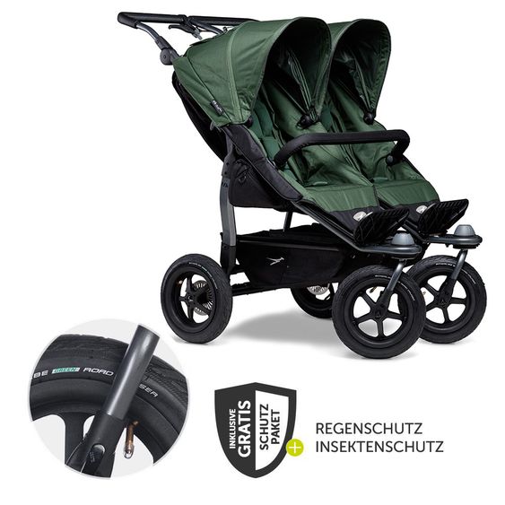 TFK Geschwister- & Zwillingsportwagen Duo mit Luftreifen - 2x Sportsitze bis 45 kg + XXL Zamboo Zubehör - Olive