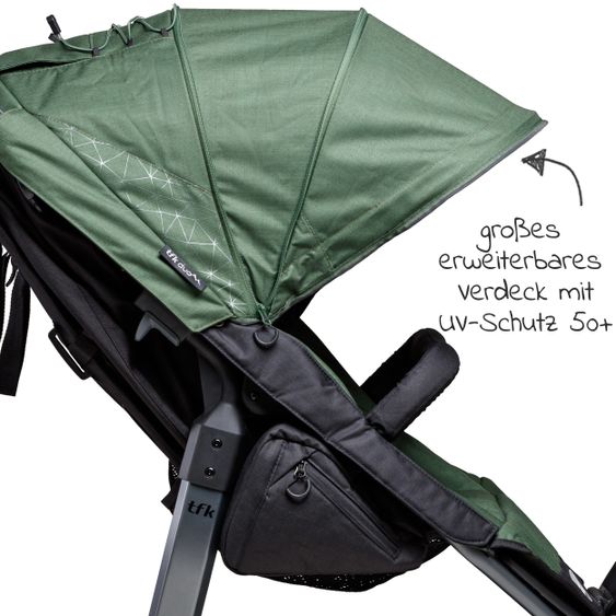 TFK Geschwister- & Zwillingsportwagen Duo mit Luftreifen - 2x Sportsitze bis 45 kg + XXL Zamboo Zubehör - Olive