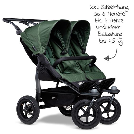 TFK Geschwister- & Zwillingsportwagen Duo mit Luftreifen - 2x Sportsitze bis 45 kg + XXL Zamboo Zubehör - Olive