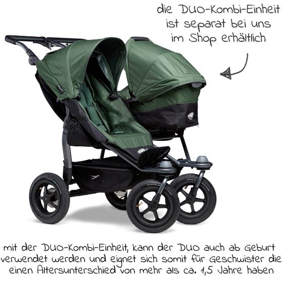 TFK Geschwister- & Zwillingsportwagen Duo mit Luftreifen - 2x Sportsitze bis 45 kg + XXL Zamboo Zubehör - Olive