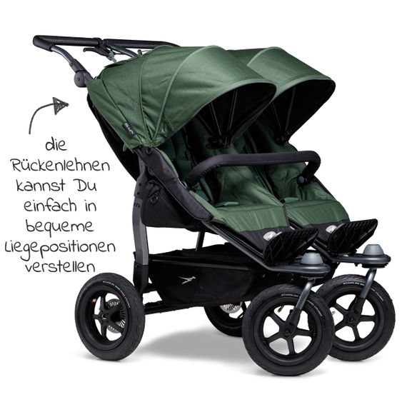 TFK Geschwister- & Zwillingsportwagen Duo mit Luftreifen - 2x Sportsitze bis 45 kg + XXL Zamboo Zubehör - Olive