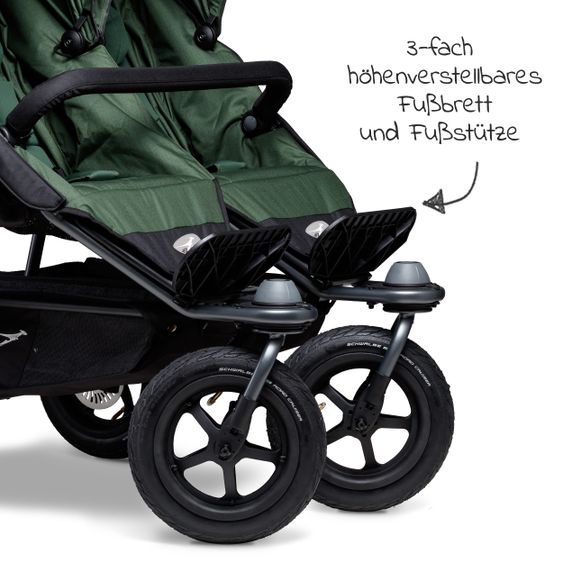 TFK Geschwister- & Zwillingsportwagen Duo mit Luftreifen - 2x Sportsitze bis 45 kg + XXL Zamboo Zubehör - Olive