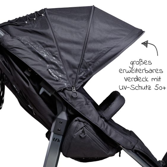 TFK Sibling & twin stroller Duo with pneumatic tires - 2x sport seats up to 45 kg + XXL Zamboo accessories - Black