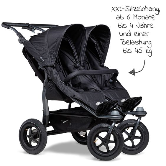 TFK Sibling & twin stroller Duo with pneumatic tires - 2x sport seats up to 45 kg + XXL Zamboo accessories - Black