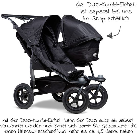 TFK Sibling & twin stroller Duo with pneumatic tires - 2x sport seats up to 45 kg + XXL Zamboo accessories - Black