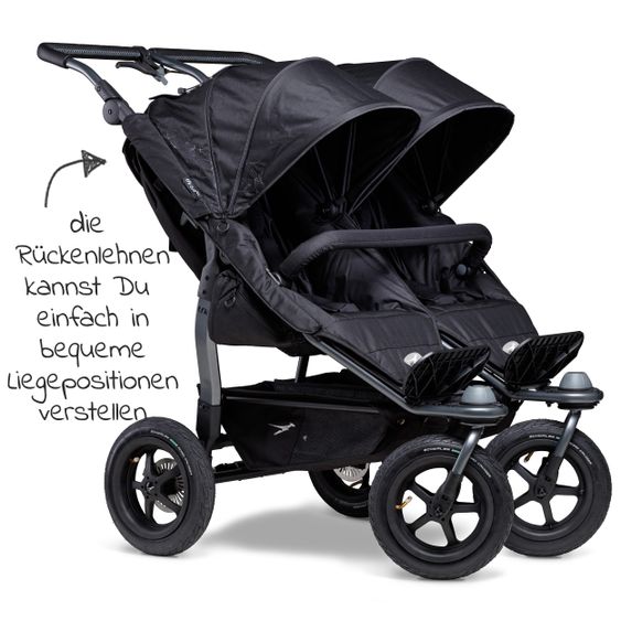 TFK Sibling & twin stroller Duo with pneumatic tires - 2x sport seats up to 45 kg + XXL Zamboo accessories - Black
