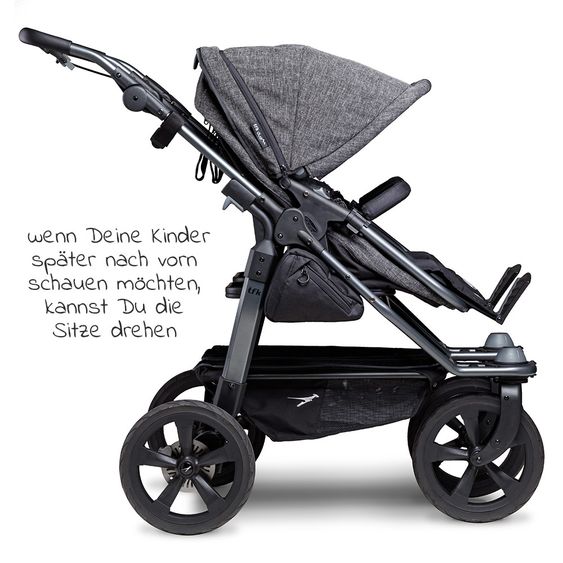 TFK Geschwister- & Zwillingswagen Duo mit Luftkammerreifen - 2x Kombi-Einheit (Wanne+Sitz) + XXL Zamboo Zubehör - Anthrazit