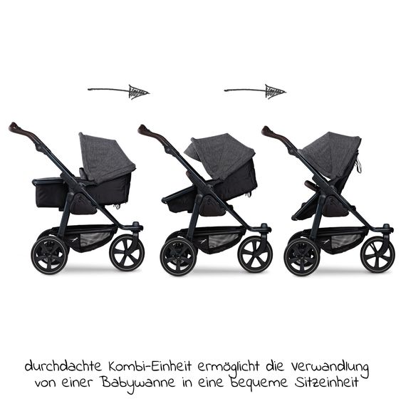 TFK Kombi-Kinderwagen Mono 2 Luftkammerreifen inkl. Gratis Mamaboard - mit Kombi-Einheit (Babywanne+Sitz) mit Liegeposition - Premium Anthrazit