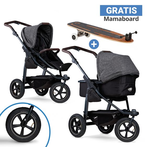 TFK Kombi-Kinderwagen Mono 2 mit Luftreifen inkl. Gratis Mamaboard - mit Kombi-Einheit (Babywanne+Sitz) mit Liegeposition - Premium Anthrazit