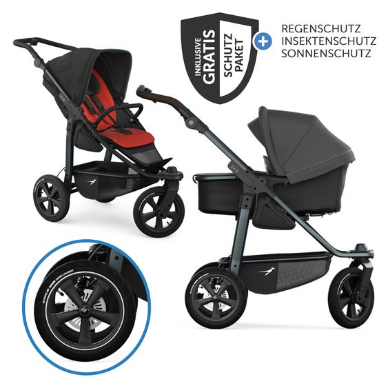 TFK Kombi-Kinderwagen Mono 3 Luftreifen inkl. Kombi-Einheit (Babywanne+Sitz) mit Liegeposition & XXL Zubehörpaket - Anthrazit