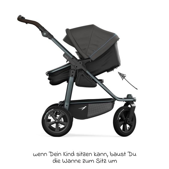 TFK Kombi-Kinderwagen Mono 3 Luftreifen inkl. Kombi-Einheit (Babywanne+Sitz) mit Liegeposition & XXL Zubehörpaket - Anthrazit