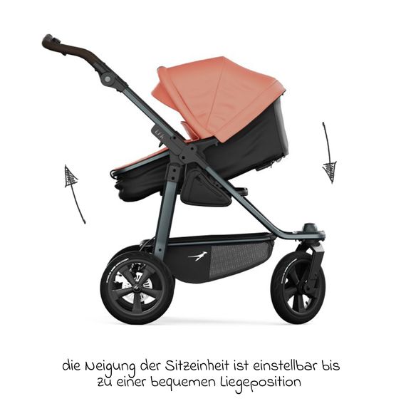 TFK Kombi-Kinderwagen Mono 3 Luftreifen inkl. Kombi-Einheit (Babywanne+Sitz) mit Liegeposition & XXL Zubehörpaket - Lachs