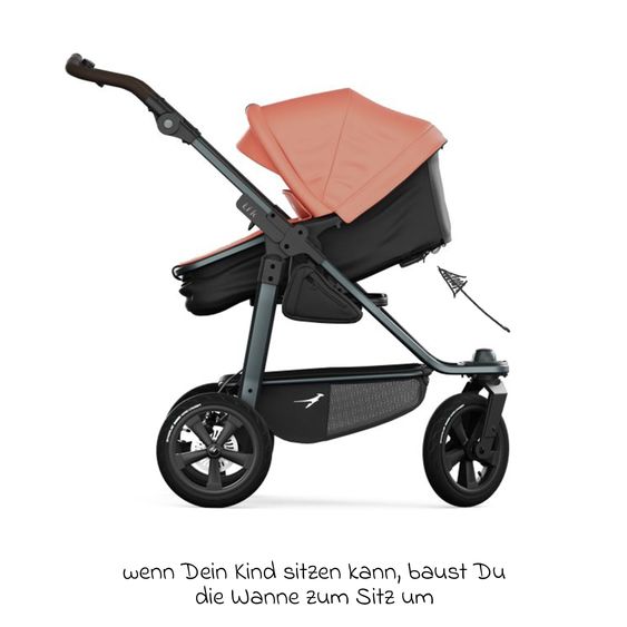 TFK Kombi-Kinderwagen Mono 3 Luftreifen inkl. Kombi-Einheit (Babywanne+Sitz) mit Liegeposition & XXL Zubehörpaket - Lachs