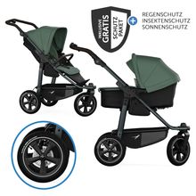 Kombi-Kinderwagen Mono 3 Luftreifen inkl. Kombi-Einheit (Babywanne+Sitz) mit Liegeposition & XXL Zubehörpaket - Olive