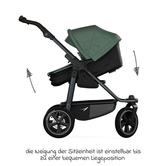 TFK Kombi-Kinderwagen Mono 3 Luftreifen inkl. Kombi-Einheit (Babywanne+Sitz) mit Liegeposition & XXL Zubehörpaket - Olive