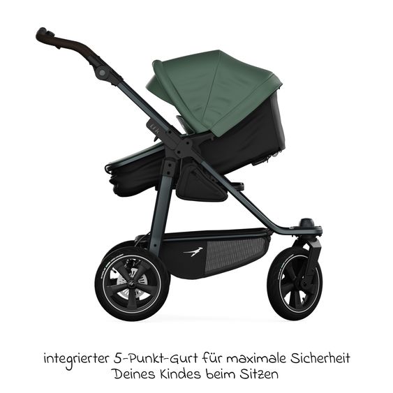TFK Kombi-Kinderwagen Mono 3 Luftreifen inkl. Kombi-Einheit (Babywanne+Sitz) mit Liegeposition & XXL Zubehörpaket - Olive