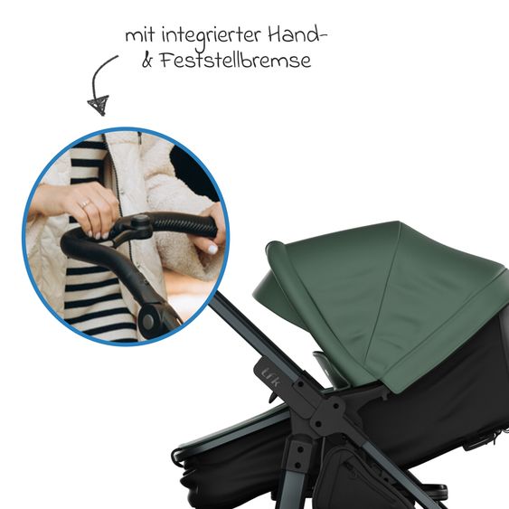 TFK Kombi-Kinderwagen Mono 3 Luftreifen inkl. Kombi-Einheit (Babywanne+Sitz) mit Liegeposition & XXL Zubehörpaket - Olive