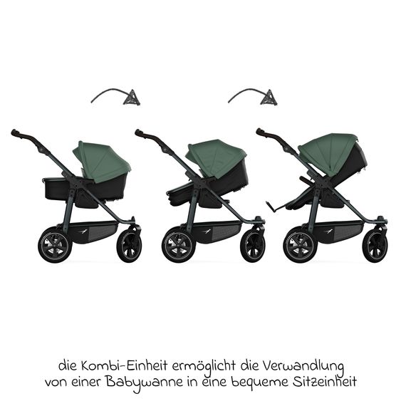 TFK Kombi-Kinderwagen Mono 3 Luftreifen inkl. Kombi-Einheit (Babywanne+Sitz) mit Liegeposition & XXL Zubehörpaket - Olive