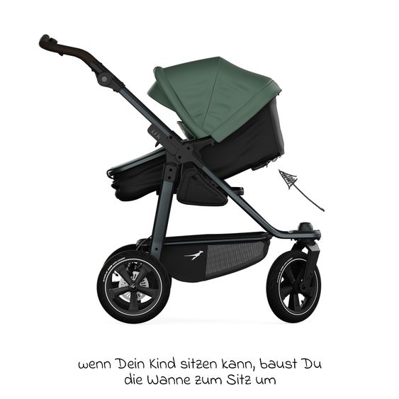 TFK Kombi-Kinderwagen Mono 3 Luftreifen inkl. Kombi-Einheit (Babywanne+Sitz) mit Liegeposition & XXL Zubehörpaket - Olive