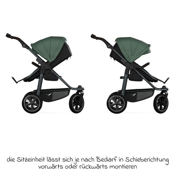 TFK Kombi-Kinderwagen Mono 3 Luftreifen inkl. Kombi-Einheit (Babywanne+Sitz) mit Liegeposition & XXL Zubehörpaket - Olive