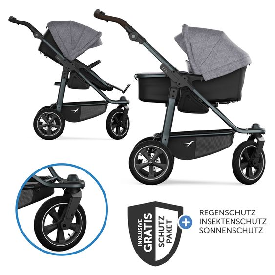 TFK Kombi-Kinderwagen Mono 3 Luftreifen mit neuer Bremse, Kombi-Einheit (Babywanne+Sitz) mit Liegeposition & XXL Zubehörpaket - Premium Grau