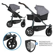Kombi-Kinderwagen Mono 3 Luftreifen mit neuer Bremse, Kombi-Einheit (Babywanne+Sitz) mit Liegeposition & XXL Zubehörpaket - Premium Grau
