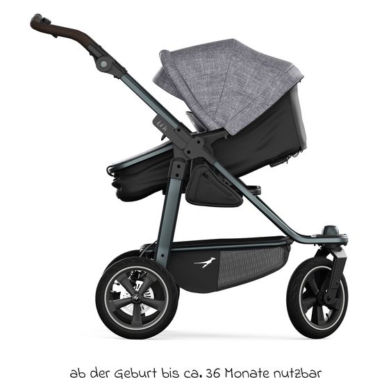 TFK Kombi-Kinderwagen Mono 3 Luftreifen mit neuer Bremse, Kombi-Einheit (Babywanne+Sitz) mit Liegeposition & XXL Zubehörpaket - Premium Grau