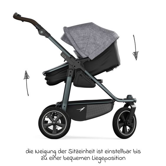TFK Kombi-Kinderwagen Mono 3 Luftreifen mit neuer Bremse, Kombi-Einheit (Babywanne+Sitz) mit Liegeposition & XXL Zubehörpaket - Premium Grau