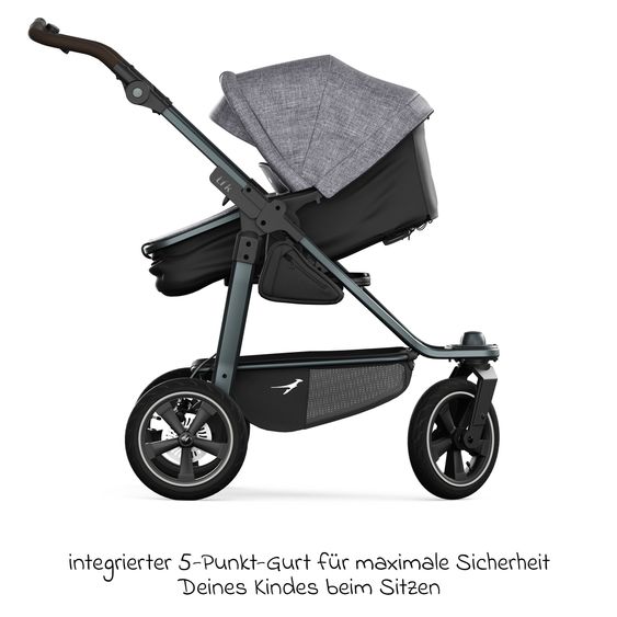 TFK Kombi-Kinderwagen Mono 3 Luftreifen mit neuer Bremse, Kombi-Einheit (Babywanne+Sitz) mit Liegeposition & XXL Zubehörpaket - Premium Grau